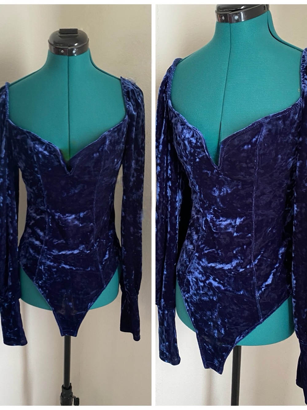 Free People Navy Crushed Velvet Long-Sleeve Corset Bodysuit M